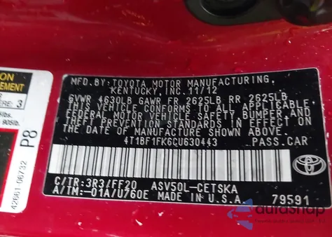 2012 Toyota Camry Se Limited Edition из США, поврежденный, VIN 4T1BF1FK6CU630443